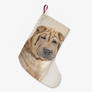 Meia De Natal Pequena Pintura de Shar Pei - Arte de Cão Original Bonita