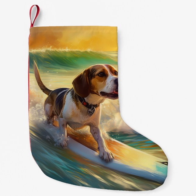 Meia De Natal Pequena Pintura de Surf da Praia Beagle (Frente)