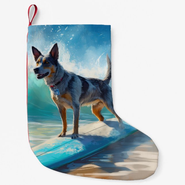 Meia De Natal Pequena Pintura de Surfe em Praia Blue Heeler (Frente)