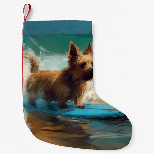 Meia De Natal Pequena Pintura de surfe na praia australiana Terrier (Frente)