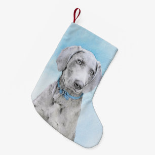 Meia De Natal Pequena Pintura de Weimaraner - Arte de Cachorro Original