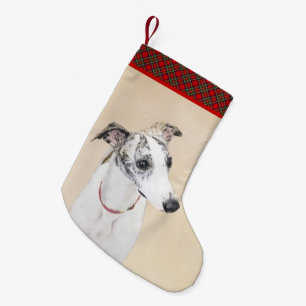 Meia De Natal Pequena Pintura de Whippet - Arte Original de Cachorro Fof