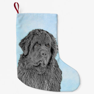 Meia De Natal Pequena Pintura em Newfoundland - Arte Cão Original Bonit