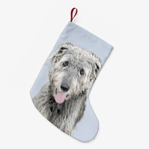 Meia De Natal Pequena Pintura em Wolfhound Irlandês - Arte Cão Origina
