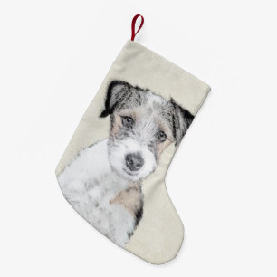 Meia De Natal Pequena Pintura grossa de Russell Terrier - Arte original