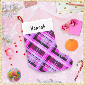 Meia De Natal Pequena Plaid Roxo Pessoalizado com Padrão de Inverno