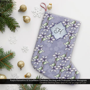 Meia De Natal Pequena Poinsetos roxos e flocos de neve Monograma pratead