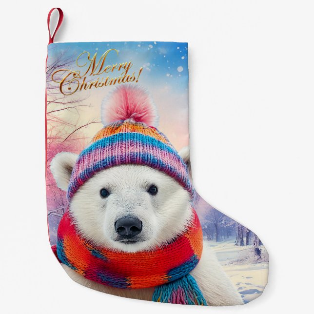 Meia De Natal Pequena Polar Bear Santa hat e Scarf (Frente)