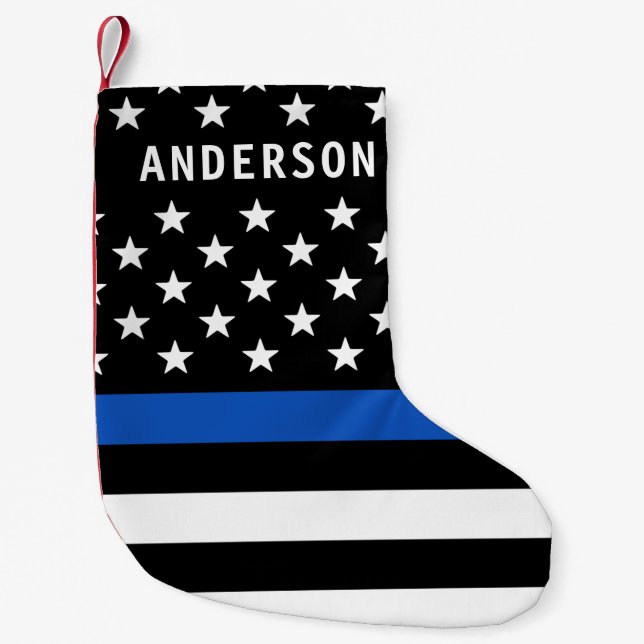 Meia De Natal Pequena Polícia - Linha Azul Personalizada Bandeira Americ (Frente)