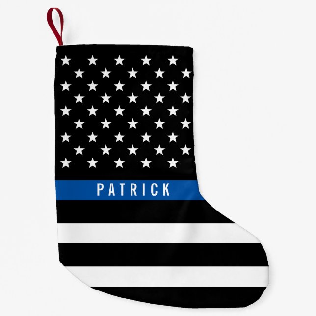 Meia De Natal Pequena Policial Thin Blue Line American Flag Monograma (Frente)