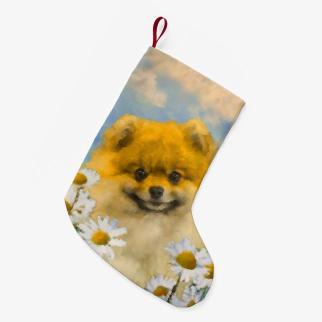 Meia De Natal Pequena Pomerânia em Pintura de Dísias - Arte de Cachorro  (Frente (Pendurada))