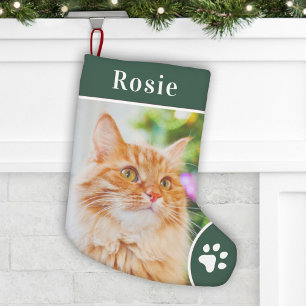 Meia De Natal Pequena Presente de Foto e Nome de Gato Verde Elegante
