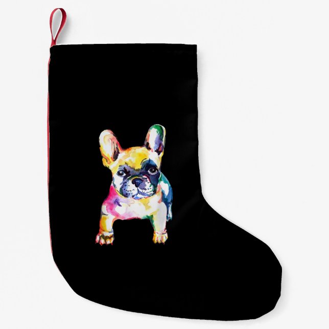 Meia De Natal Pequena Presente para Bulldog Francês com Aquarela Origina (Frente)