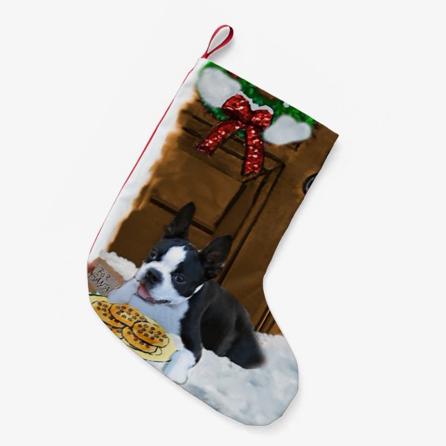 Meia De Natal Pequena Presentes de Natal em Boston Terrier (Frente (Pendurada))