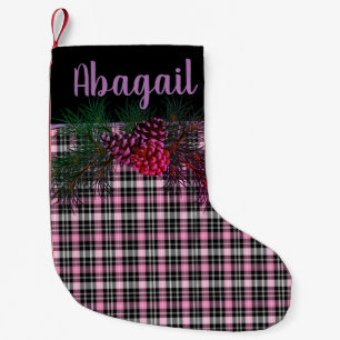Meia De Natal Pequena Preto rústico, xadrez escocês tartan rosa - pinha