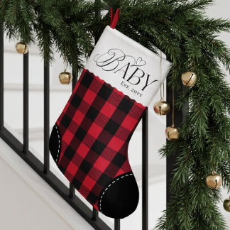 Meia De Natal Pequena Primeiro Bebê de Natal Xadrez Vermelho Personaliza