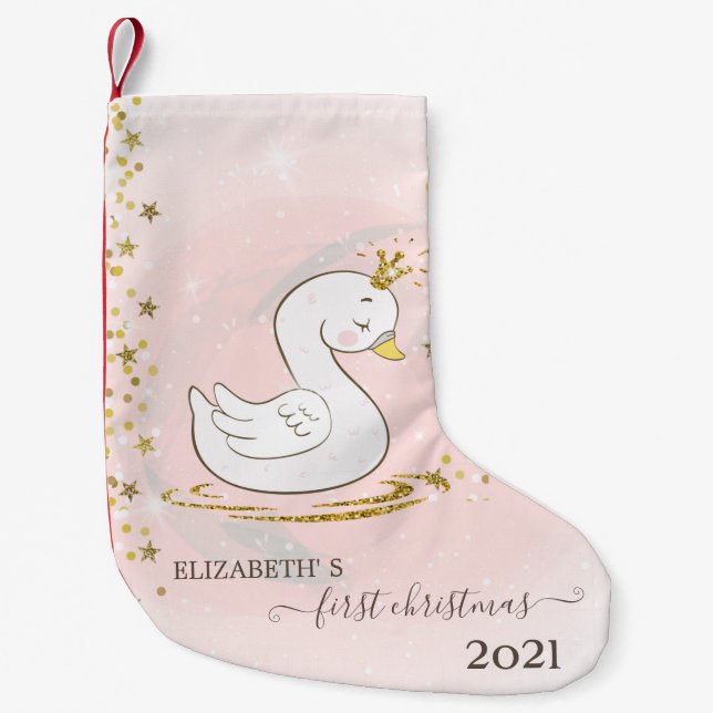 Meia De Natal Pequena Primeiro Natal Bebê Cisne Feriado (Frente)