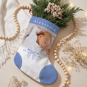 Meia De Natal Pequena Primeiro Natal do Bebê com Laço Azul Fofo Nome e F