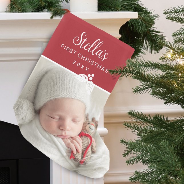Meia De Natal Pequena Primeiro Natal Moderno Foto Personalizada (Modern First Christmas Photo Personalized Small Christmas Stocking)
