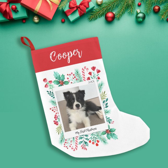 Meia De Natal Pequena Primeiro nome e foto de Natal da Puppy (Puppy's First Christmas Photo and Name Small Christmas Stocking)