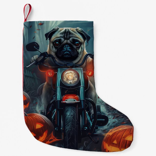 Meia De Natal Pequena Pug Riding Motorcycle Halloween Scary (Frente)