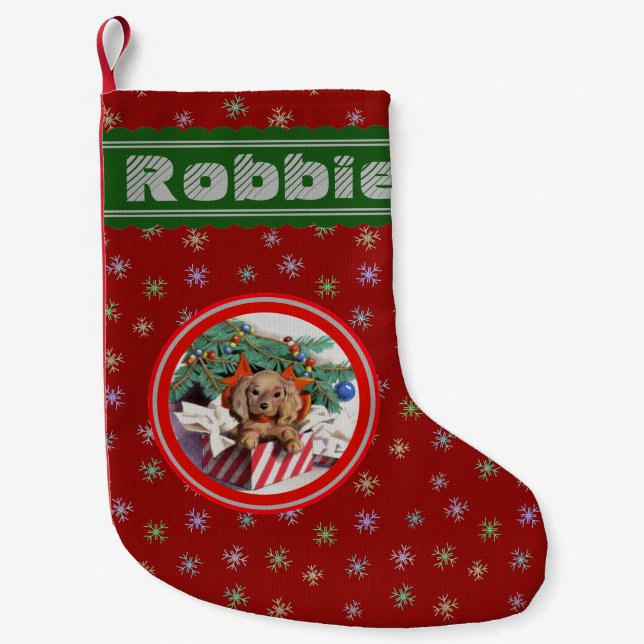 Meia De Natal Pequena Puppy de Natal Personalizado (Frente)