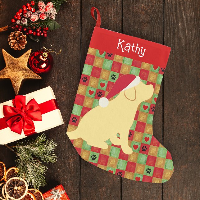 Meia De Natal Pequena Puppy do café da manhã (Personalized Yellow Labrador Puppy Quilt Design Christmas Stocking for Labrador Owners.)