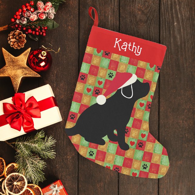 Meia De Natal Pequena Puppy do café da manhã (Personalized Black Labrador Puppy Quilt Design Christmas Stocking for Labrador Owners.)