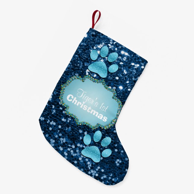 Meia De Natal Pequena Puppy Paws Blue Faux Glitter (Frente (Pendurada))