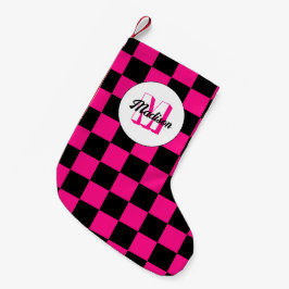 Meia De Natal Pequena Quadrados xadrez rosa quente preto Monograma retrô