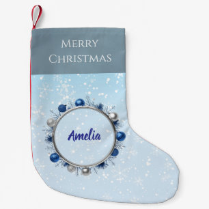 Meia De Natal Pequena Quadro prateado elegante em azul claro