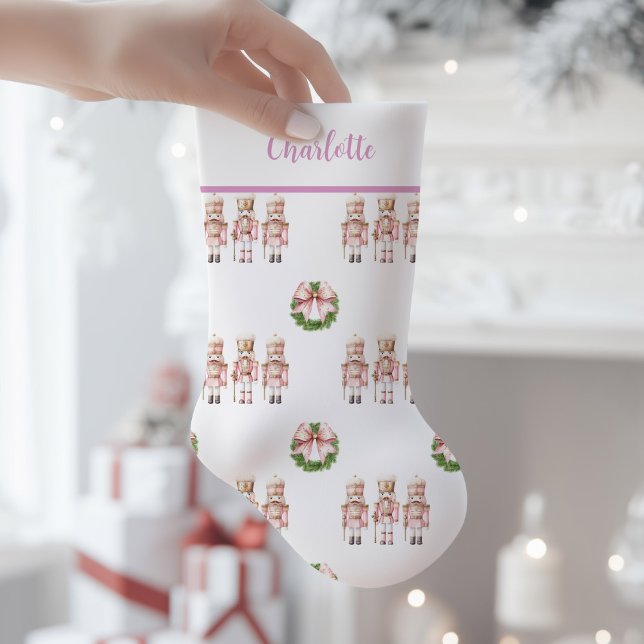 Meia De Natal Pequena Quebra-Nozes Rosa Nostálgico  (Pink Nutcracker Christmas Stocking)