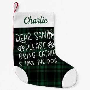 Meia De Natal Pequena Querido Papai Noel Traga Catnip Verde Xadrez Gato 