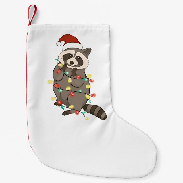 Meia De Natal Pequena Raccoon Felry Christmas Lights Santa Hat Xmas Snow (Frente)