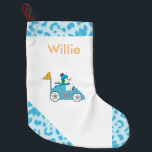 Meia De Natal Pequena Race Car Driver Snowman<br><div class="desc">Um bonitinho bonitinho de neve atrás do volante de seu carro de corrida. Adicione o nome conforme desejado.</div>