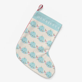 Meia De Natal Pequena Rainbow Narwhal Kawaii Padrão Pastel Nome Azul