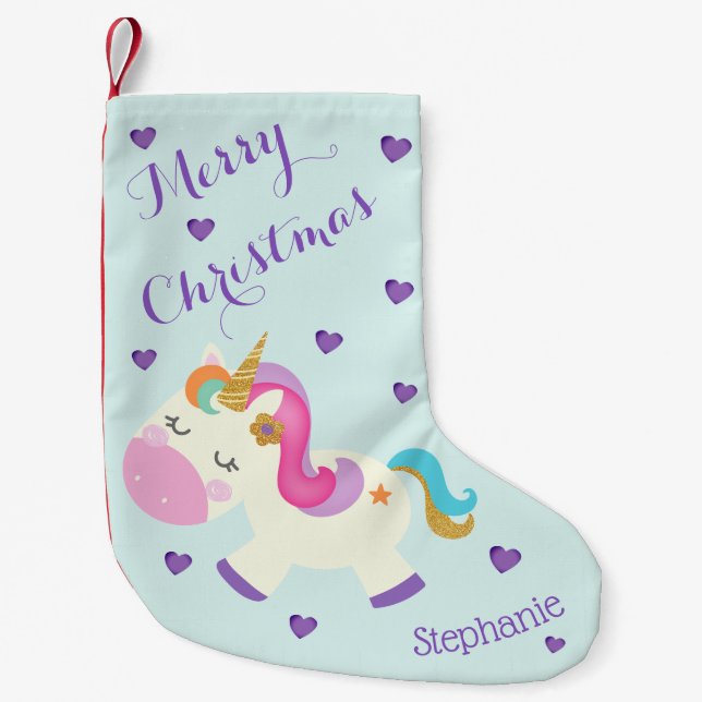 Meia De Natal Pequena Rainbow Unicorn Natal Glitter Aqua (Frente)