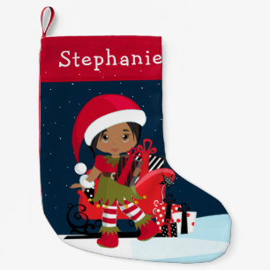 Meia De Natal Pequena Rapariga de Elf Multicultural com Rudolph