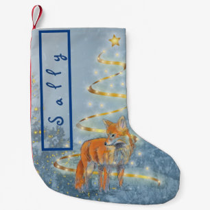 Meia De Natal Pequena Raposa na neve com árvore de fita Seu nome