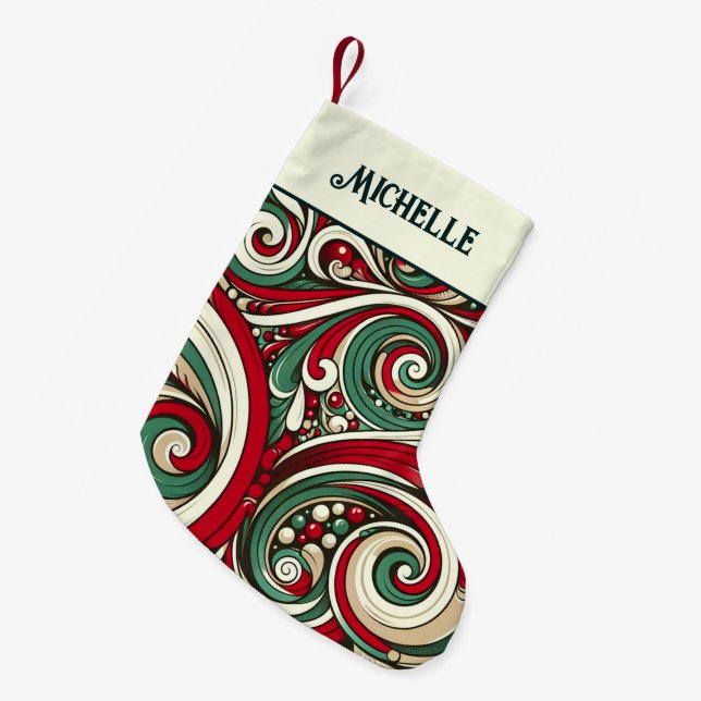 Meia De Natal Pequena Red and Green Swirls Personalized (Frente (Pendurada))