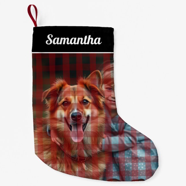 Meia De Natal Pequena Red Black Buffalo Plaid Personalized photo (Frente)