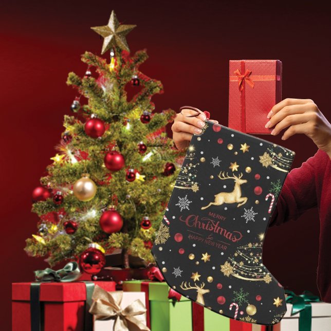 Meia De Natal Pequena Red Dourado Reindeer Feliz Árvore de Natal (Criador carregado)