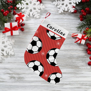 Meia De Natal Pequena Red FEST Soccer Ball & Snowflake Kids Name Xmas