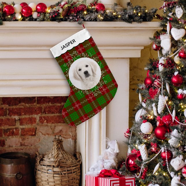 Meia De Natal Pequena Red Green Tartan Plaid Winter Wreath Pet Dog Photo (Red and green tartan plaid photo can custom name Christmas stocking in situ.)