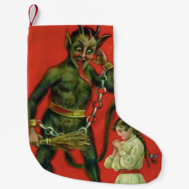 Meia De Natal Pequena Red Krampus Punindo Garota de Rezação (Frente)