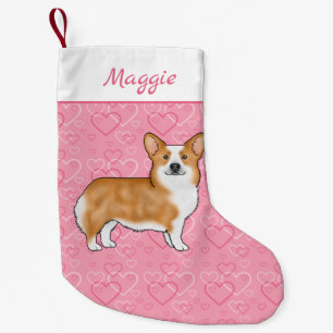 Meia De Natal Pequena Red Pembroke Welsh Corgi Em Corações Rosa Com Nome