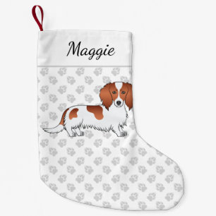 Meia De Natal Pequena Red Piebald Long Hair Dachshund Cartoon Cão e Nom