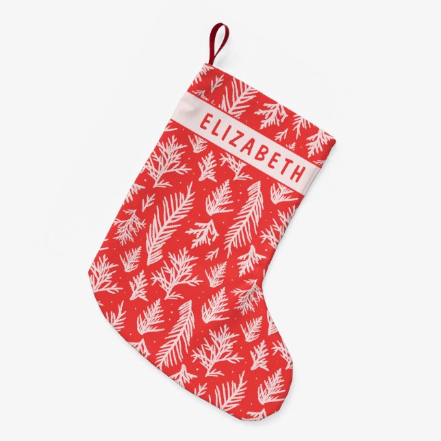 Meia De Natal Pequena Red & Pink Winter Pine Branches (Frente (Pendurada))