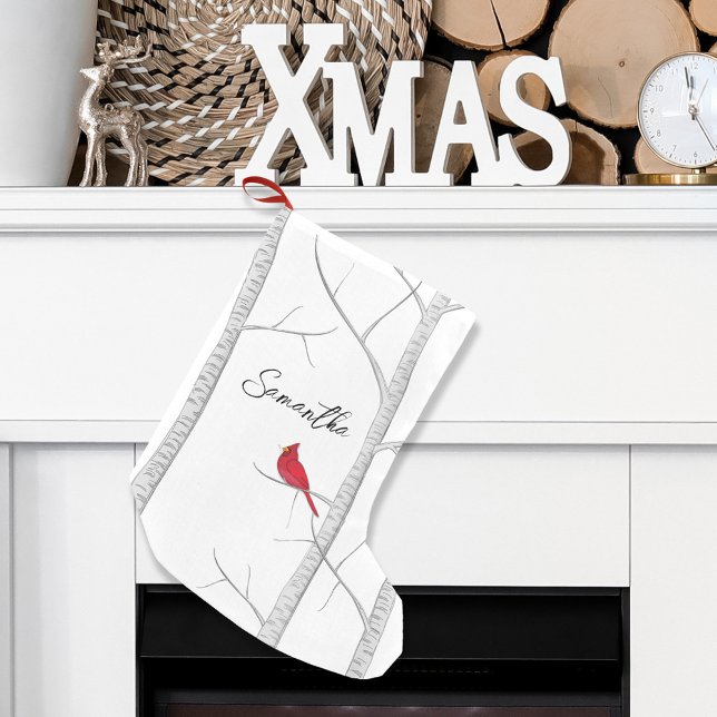 Meia De Natal Pequena Red Winter Cardinal Personalizado Natal (Winter red cardinal birch tree holiday stocking)