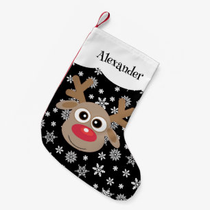 Meia De Natal Pequena Reindeer Branco Flocos de Neve Pretos